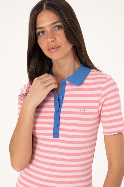 U.S. Polo Assn. Women's Pink Striped Polo Neck T-Shirt 50306031-Vr041