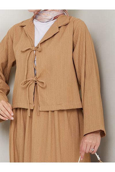 exxitcollection Women's Seersucker Fabric Crop Tie Skirt Double Kimono Suit