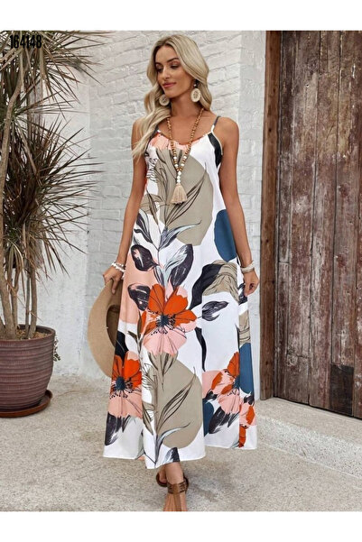 Modayakamoz Kadın İp Askılı Uzun Elbise - Geniş V Yaka Çiçek Desenli Süprem K...