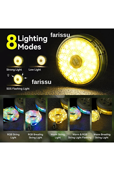 farissu 10 Metre RGB LED Kamp Lambası | Powerbank Özellikli, Type-C Şarjlı, Taşınabilir Işık Zinciri