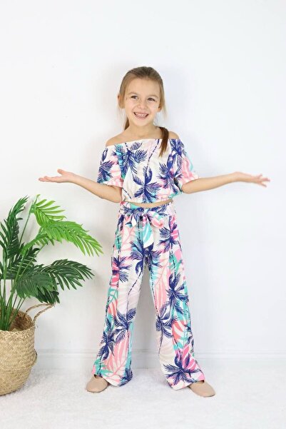 Yalçınoğlu Kids Girl's Colorful Patterned Suit I Madonna Collar Patterned Spanish Leg I Blouse and Pants Combination
