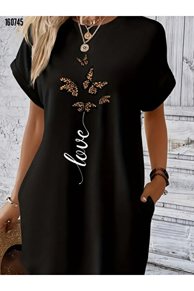 Modayakamoz Kelebek Baskılı Kadın Viskon Elbise - Cepli Kısa Kollu Yazlık Model