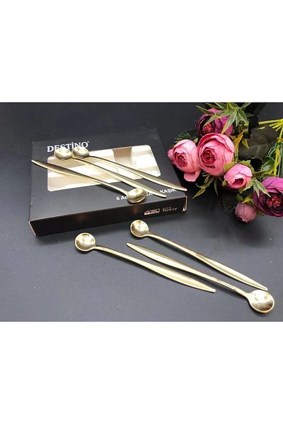 atabey home Steel Tea Spoon Titanium Gold Plated 6-Piece Thick Handle-Small Round Mouth