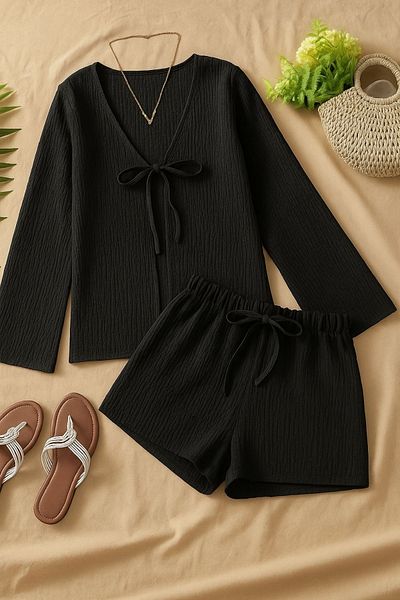 Trendseninle Black Lace-Up Long Sleeve Shirt Shorts Knitted Twist Suit