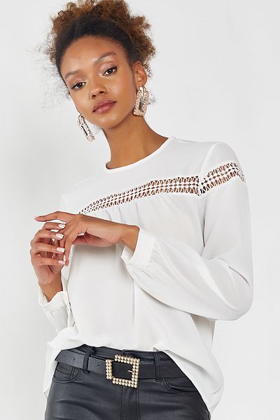 Hopoi Women's Lace Stripe Crepe Blouse