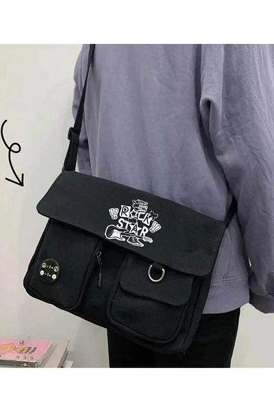 Toum Rock Star Character Harajuku Geantă unisex neagră unisex cu buzunare