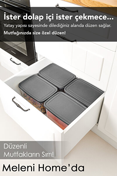 Meleni Home 6 Adet Etiketli Derin Erzak Saklama Kabı - Bakliyat Un Kabı Büyük Boy Erzak Kutusu 5300 ml Şeffaf