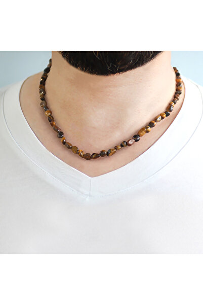 Tesbihane Silver Color Metal Chain Amorphous Tiger Eye Natural Stone Men's Necklace