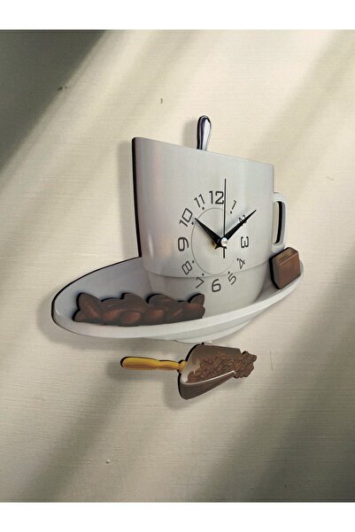 DEKORANLA Beyaz Sallanır Sarkaçlı Kahve Fincanı ve Duvar Saati Takımı