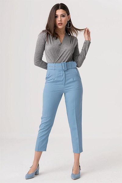 KAŞİHA Blue Belted Atlas Dumbbell Fabric Carrot Trousers