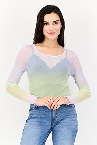 aerie Women Round Neck Long Sleeves Tie Dye Mesh Top, Multicolor
