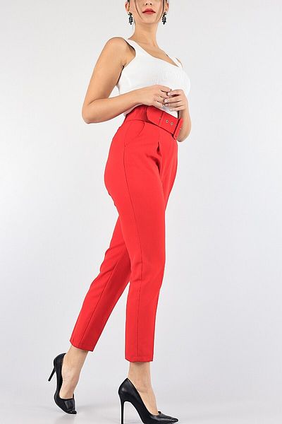 KAŞİHA Red Belted Double Fabric Carrot Model Atlas Trousers