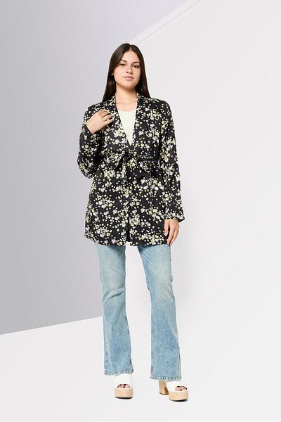 Scotch & Soda Women Regular Fit Allover Print Belted Casual Blazer, Multicolor