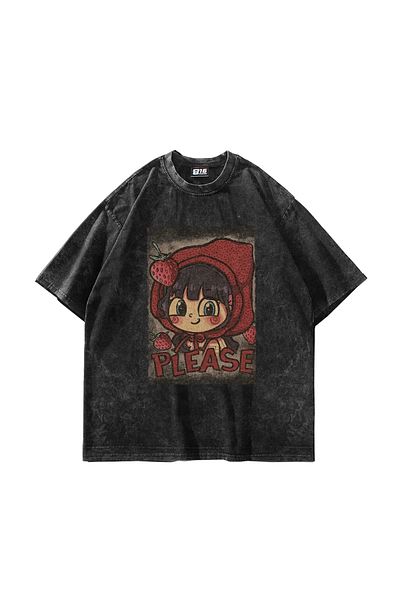 Sekizbiraltı Μαύρο μπλουζάκι με στάμπα Little Red Riding Hood Oversize Unisex που πλένεται