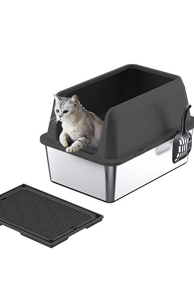 KidLe Stainless Steel Cat Litter Box with Litter Scoop Cat Toilet Cat Litter Tray High Wall Side