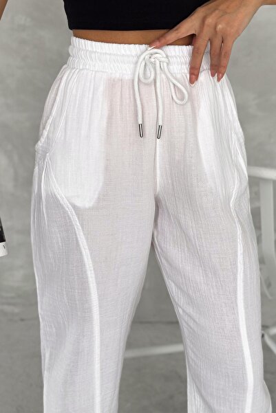 İstangül Butik Cotton Muslin Fabric Balloon Trousers with Leg Cuffs