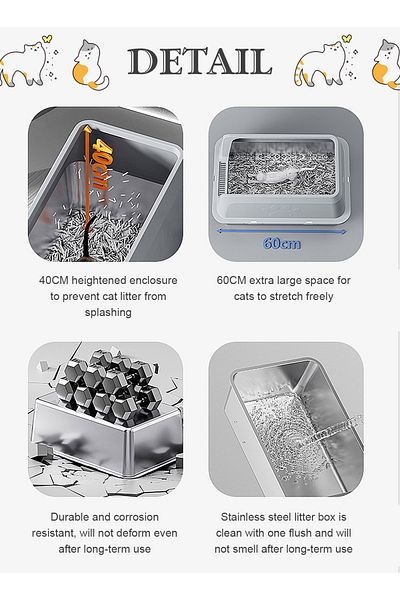 KidLe Stainless Steel Cat Litter Box with Litter Scoop Cat Toilet Cat Litter Tray High Wall Side