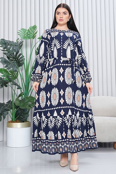 EL jadida Women's Patterned Hijab Viscose Long Dress Navy Blue