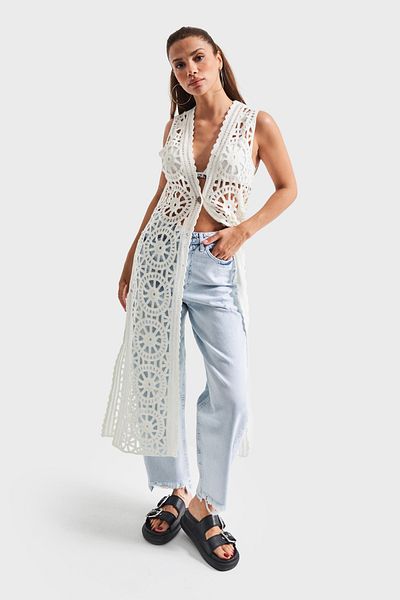 its basic Women's Ecru Color Knitted Detailed Long Length Design Knitwear Cardigan