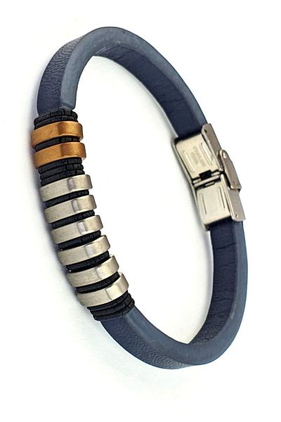 OSESHOP سوار رجالي من الجلد باللون الأزرق الداكن مع تفاصيل من الفولاذ 316L
