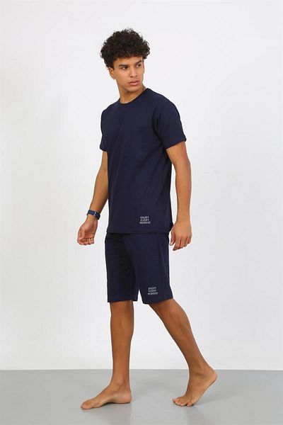 Celira Men's Cotton Lacost Bottom Top Capri Pajama Suit Navy Blue