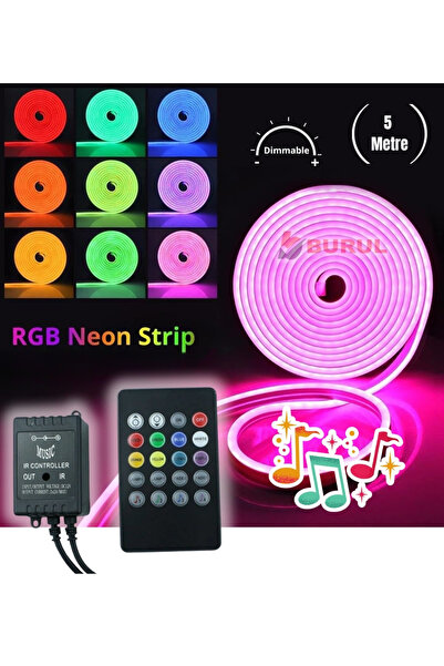 burul 5 Metre 8 Renk Sese Duyarlı Renk Değiştiren Rgb Neon Led Şerit Işık Set...