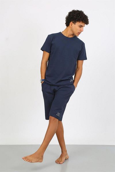 Celira Men's Cotton Lacost Bottom Top Capri Pajama Suit Navy Blue