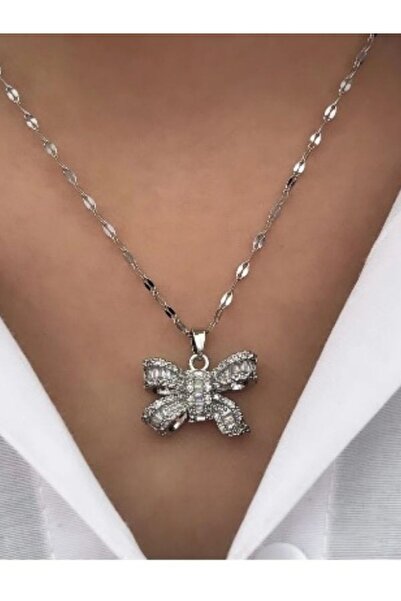 Eyelashes Silver قلادة من الفولاذ مرصعة بأحجار الزركون