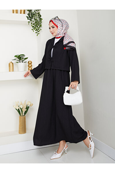 exxitcollection Γυναικείο ύφασμα Hijab Seersucker Μαύρο Crop Tie-Up Κομψό Μοντέρνο Διπλό Σετ Κιμονό με Φούστα