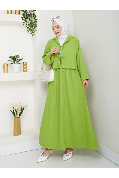 exxitcollection Γυναικείο ύφασμα Hijab Seersucker Oil Green Crop Tie-Up Κομψό μοντέρνο διπλό κιμονό με φούστα