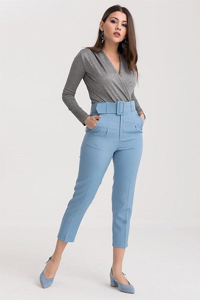 KAŞİHA Blue Belted Atlas Dumbbell Fabric Carrot Trousers