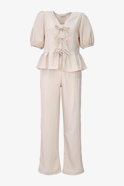 birizmoda Front Tie Seersucker Fabric Double Set - Beige