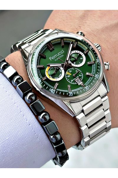 Ferrucci Ferrucci̇ Function Silver Metal Men's Watch with Green Dial Calendar