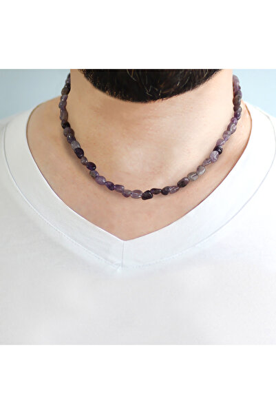 Tesbihane قلادة رجالية من حجر الجمشت الطبيعي غير المتبلور مع سلسلة معدنية فضية اللون