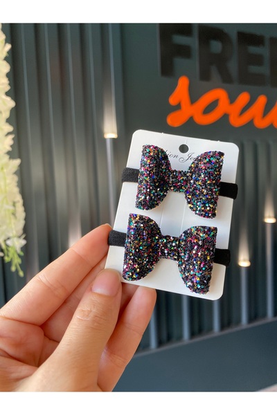 Little Sparkle Co. Set de 2 catarame elastice cu sclipici cu sclipici negru Mix