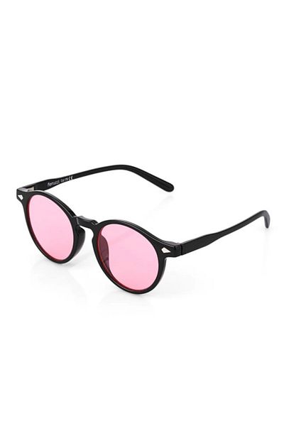 Ferrucci Brand Model Round Unisex Sunglasses with Black Frame and Pink Glass
