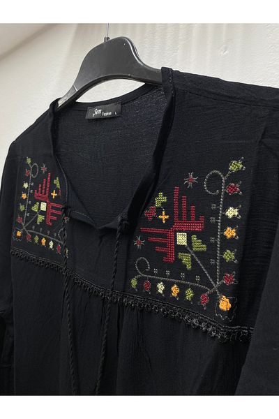 Şen Women's Cotton Ethnic Embroidered Embroidered Tie-Tie Tie-Sleeve Embedded Mother Combed Bluz T-Shirt