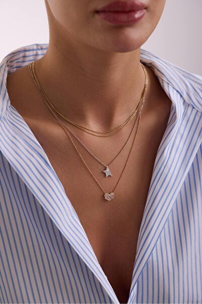 Tufanlar Kuyumculuk 14 Ayar Taşlı Kalp Ve Yıldız Kombin Altın Kolye