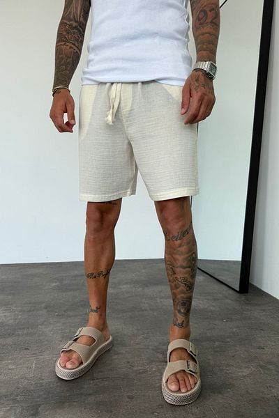 MADZEYMODA Men's Beige Elastic Waist Muslin Fabric Bermuda Shorts Ke-7002