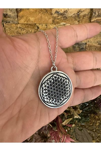 Herşey Nota Round Disc Necklace with Flower of Life Motif – Silver Color Unisex Spiritual Jewelry