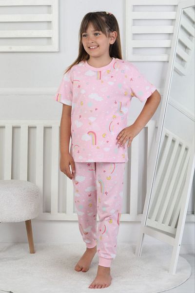 bunny hopp 100% Cotton Rainbow Pattern Short Sleeve Cuff Leg Girls Pajamas Set 3-8 Years