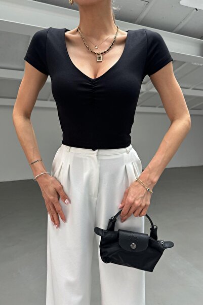 mylove V Gather Detail Blouse Black