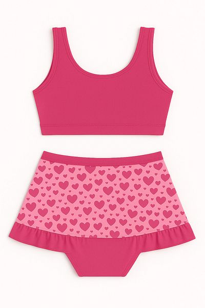 Skygo Girl's Skirted Bikini Set 3-12 Years |   Heart Patterned Ruffled Double Swimsuit Set Pink