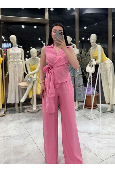 missswans Tarni Elastic Waist Comfortable Fit Wide Leg Trousers Pink