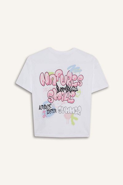 DeFacto Girl's Oversize Wide Fit Crew Neck Back Printed Short Sleeve T-Shirt E0367A825Sm
