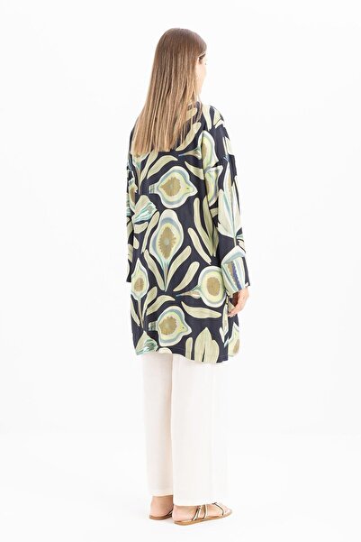 ALLDAY Indigo-Green-Double Breasted Collar Patterned Belted Kimono