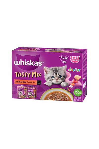 Whiskas Tasty Mix Land and Sea Collection Jelly Multipack Wet Kitten Food - 12 x 70 g