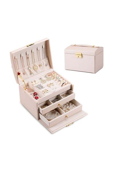 COOYA Jewelry Organizer Box,PU Leather,with Mirror and Lock,Portable Jewelry Case for Watch,Rings,White