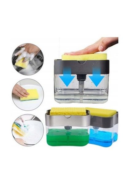 FOXMAG24 Dozator detergent de vase cu suport pentru burete, 2 compartimente, plastic ABS, gri