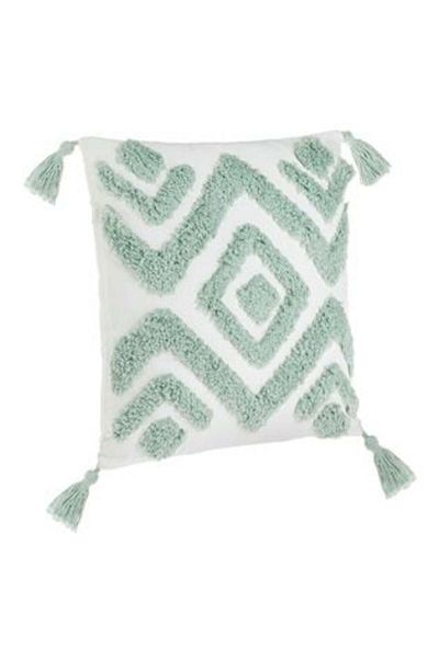 OEM Summer White Pillow with Geometric 3D Mint Green Pattern & Tassels 43 x 43 cm